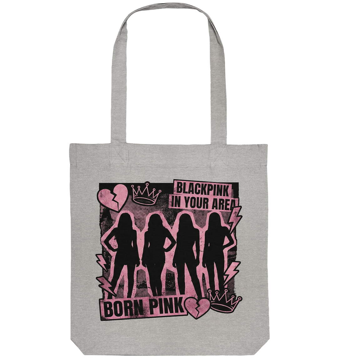 Grauer Blackpink Jutebeutel Born Pink Design mit Silhouetten der vier Mitglieder und Kronen Grafik